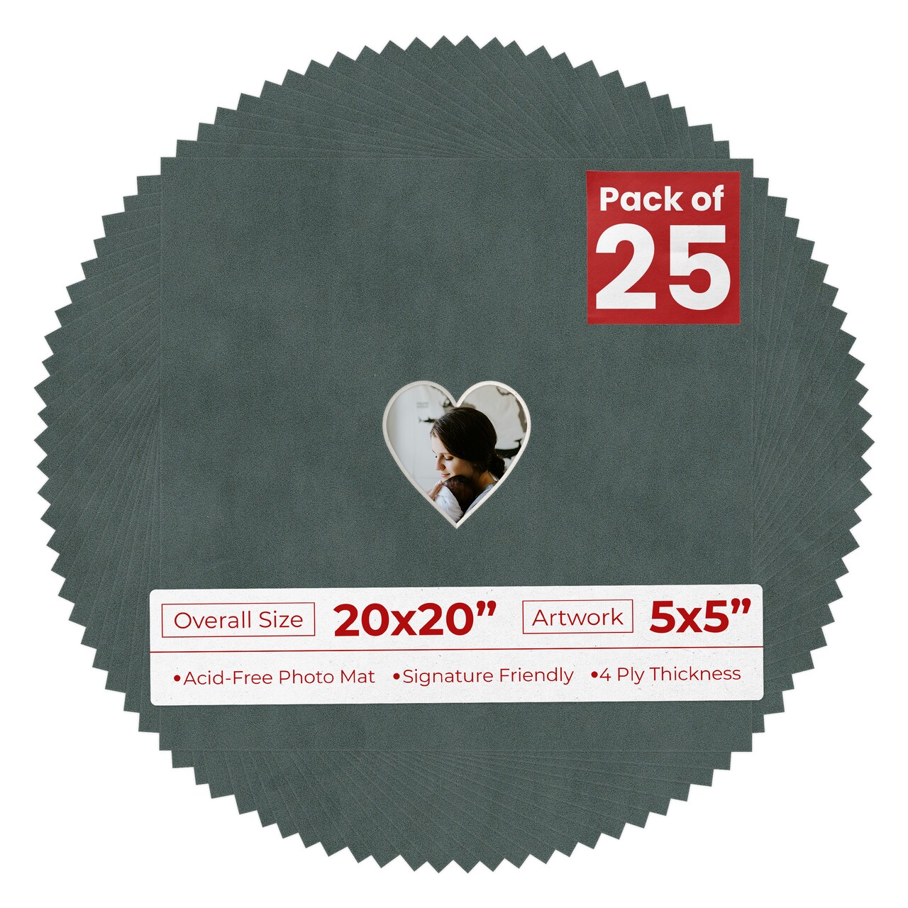 Dark Grey Suede Mat Board for 20x20 Frames - Heart Opening for 5x5 Photos
